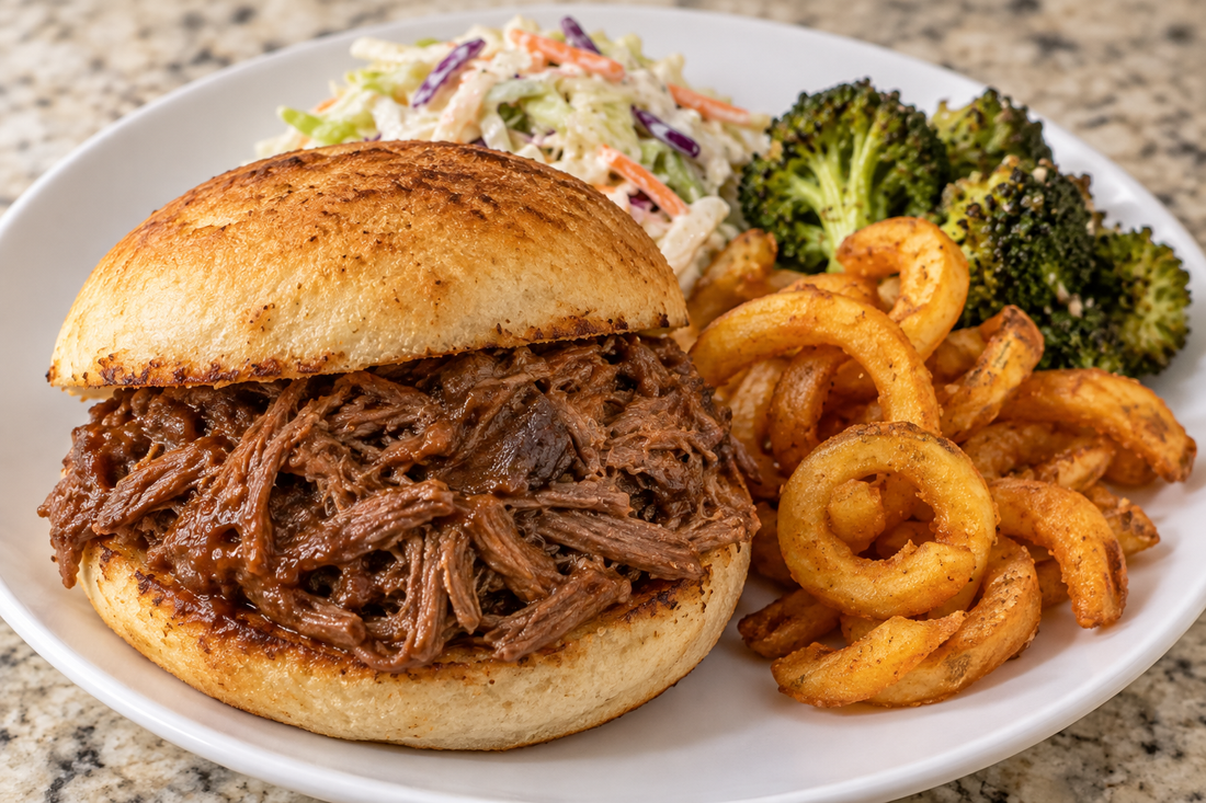 BBQ shredded beef sandwich with curly fries, coleslaw, and broccoli