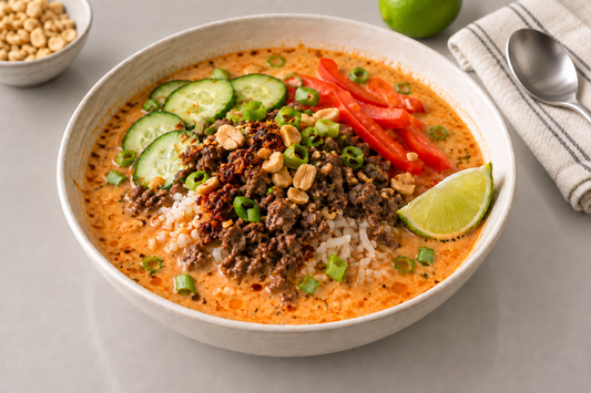 Thai-inspired coconut beef broth bowl with rice, fresh vegetables, lime, and peanuts