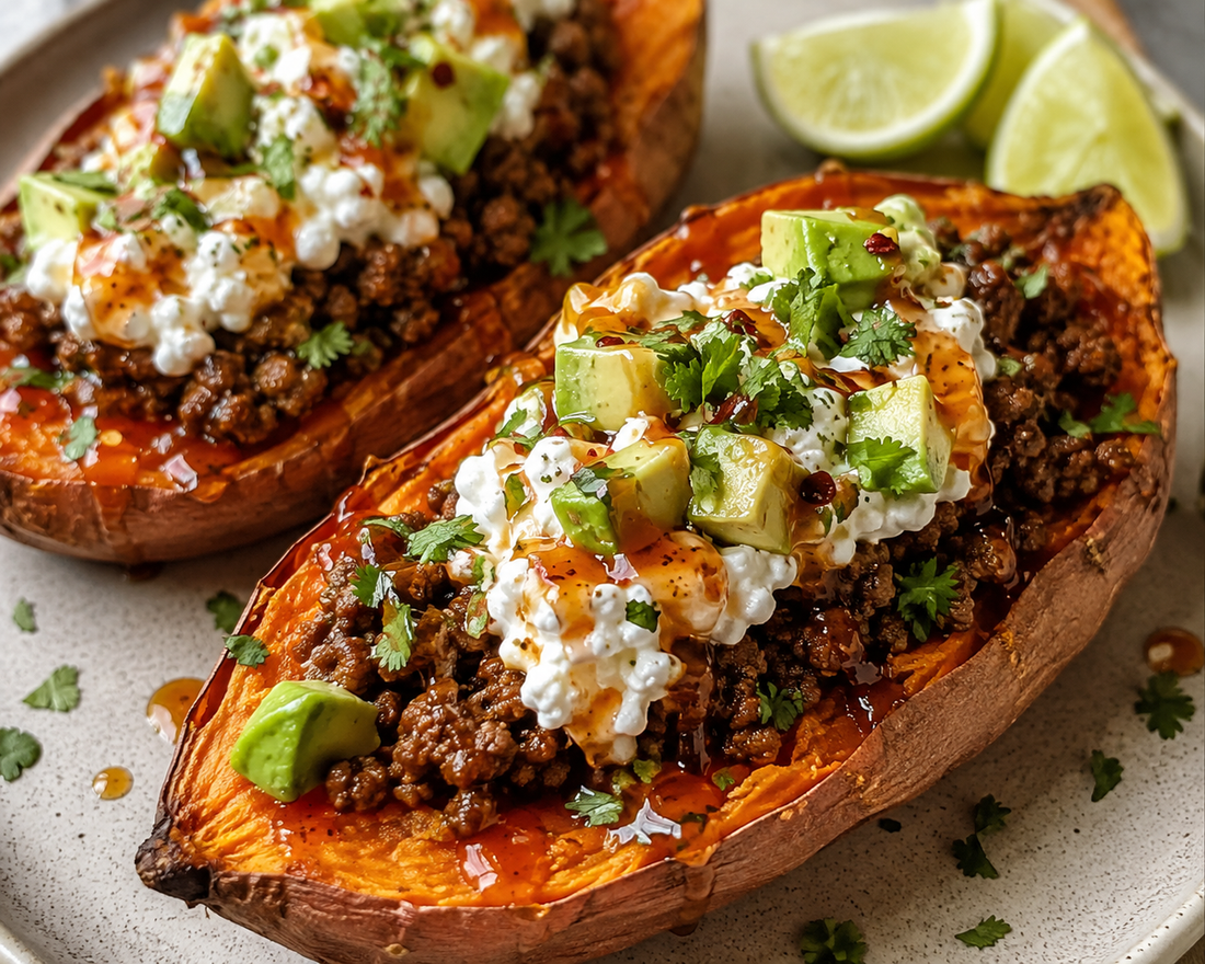 Sweet potato halves topped with taco-seasoned beef, cottage cheese, avocado, cilantro, and hot honey