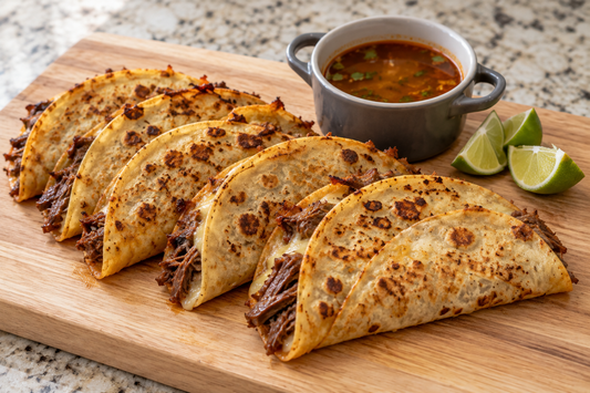 Crisp quesabirria tacos with shredded beef and melted cheese, served with consommé and lime wedges