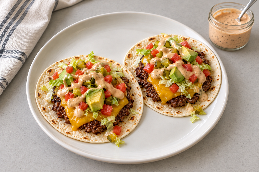 Smash burger tacos with cheese, lettuce, tomatoes, pickles, avocado, and a jar of burger sauce