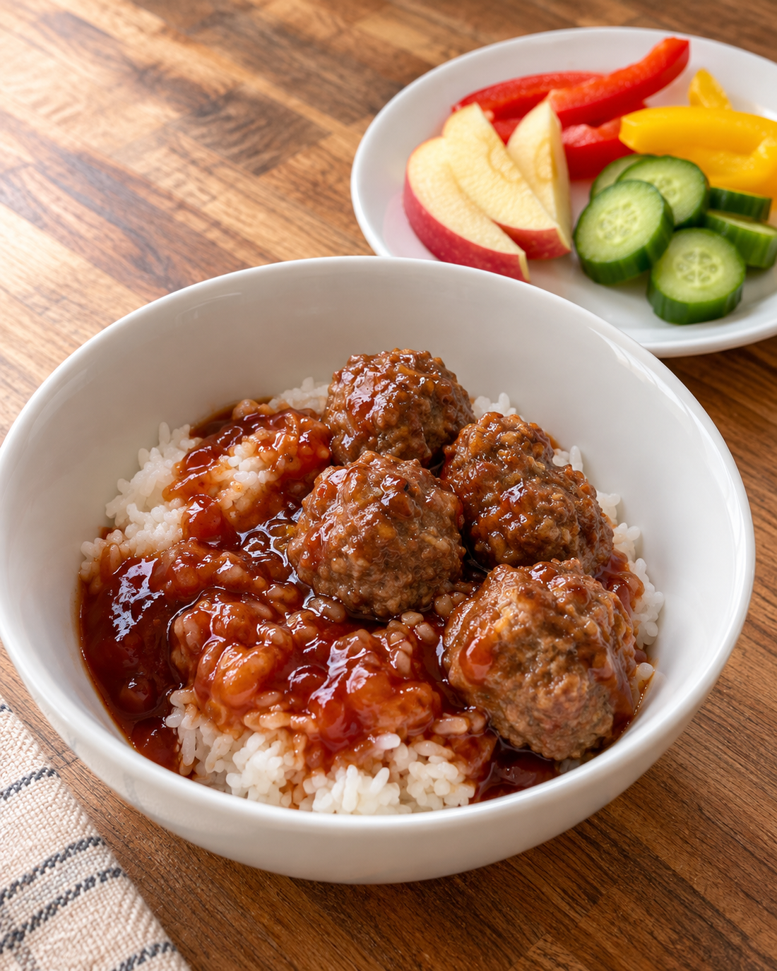 Sweet-and-sour beef meatballs over white rice with bell peppers, cucumber slices, and apples on a side plate
